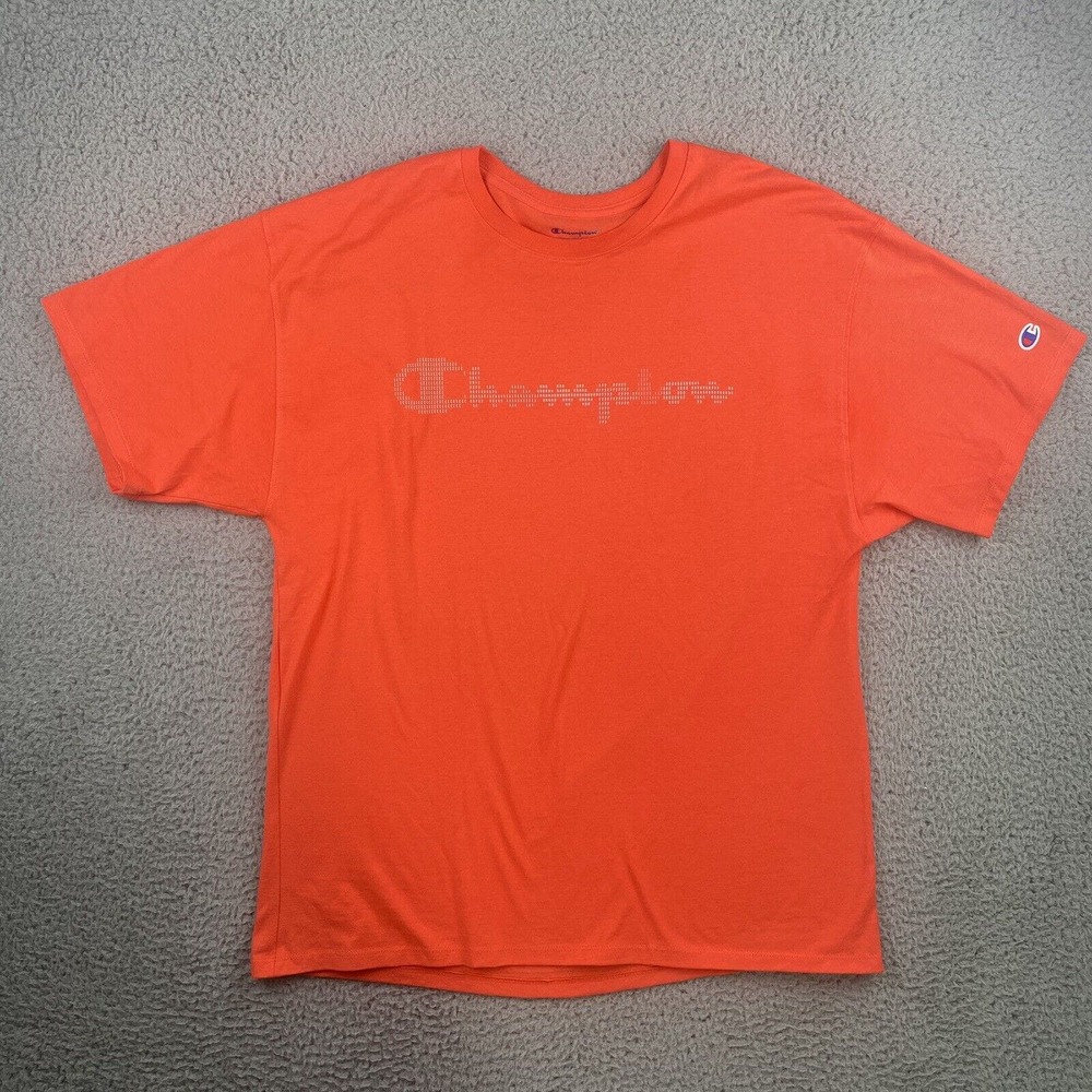 Champion Men's XL Crew Neck Short Sleeve Graphic Spell Out Logo Hot Pink T-Shirt